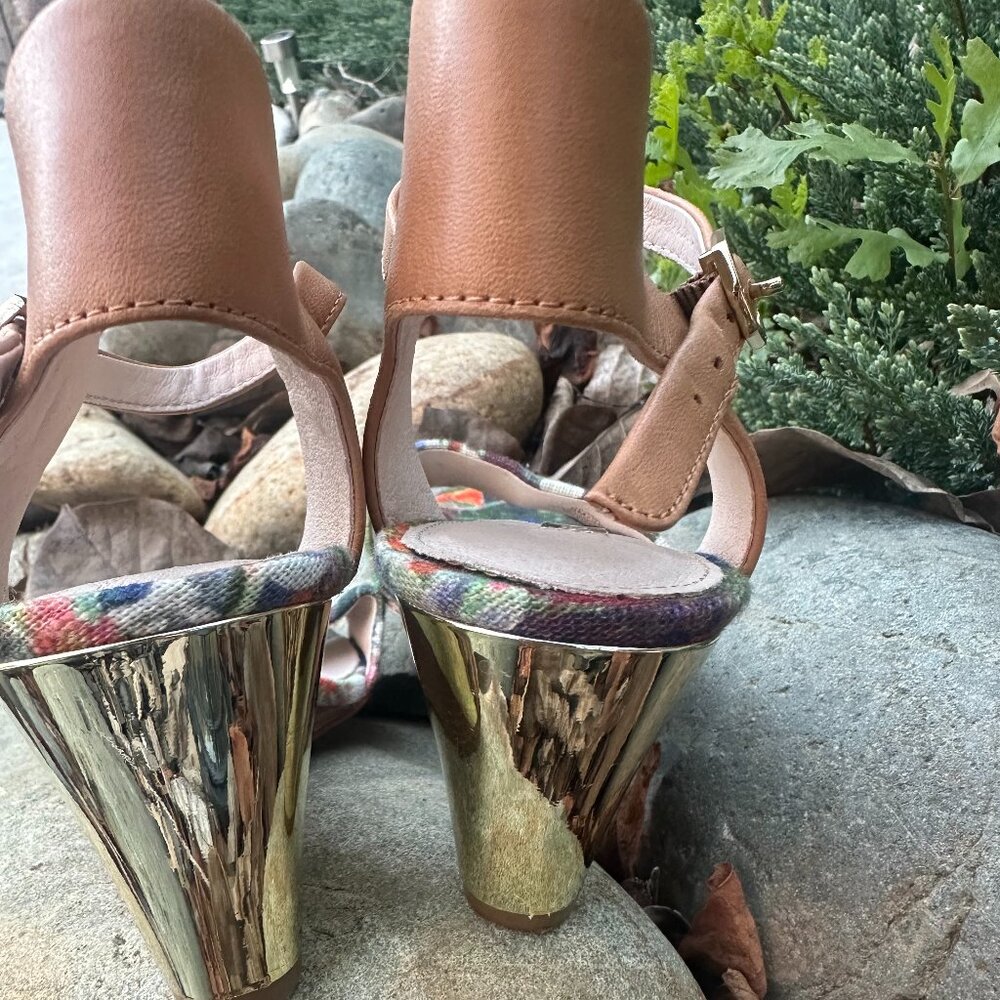 Louise et Cie Floral Wedge Heels | Gold Heel Leather Ankle Strap Sandals Size 6 - Picture 6 of 10
